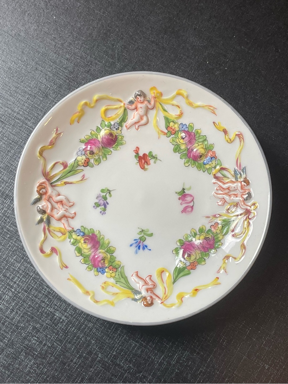 Vintage Capodimonte Saucer Plate Trinket Dish Cherubs Floral 4.5”